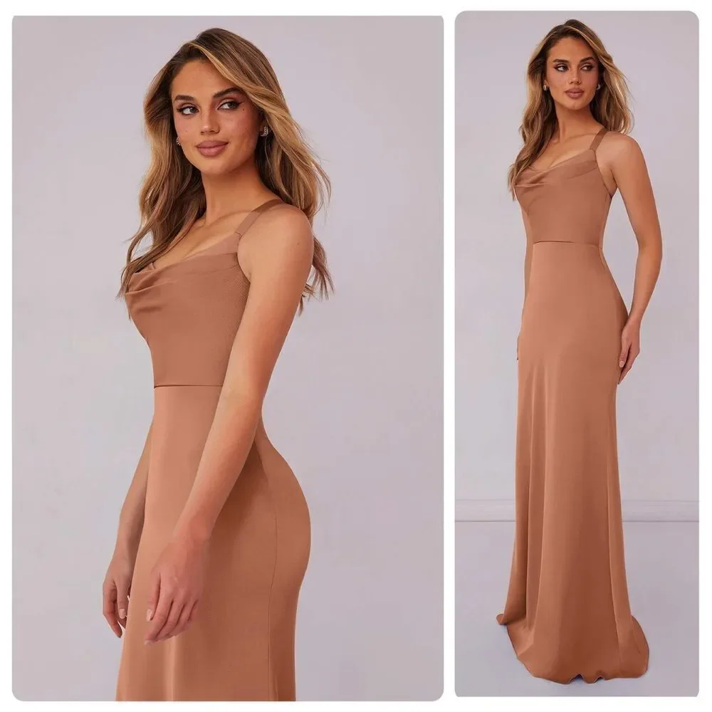 BARBIE AZAZIE 1007 Criss Cross Strap Stretch Satin Sheath Dress Bronzer. Size A8